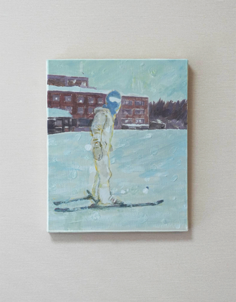 Oil painting by Kohei Umeura, a lone skier in a pale green landscape, 2026