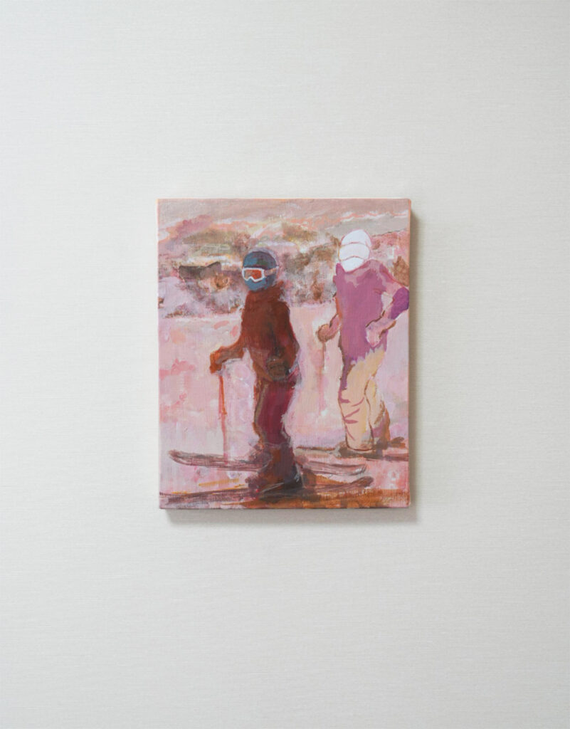 Oil painting by Kohei Umeura, two skiers in a soft pink landscape, 2026
